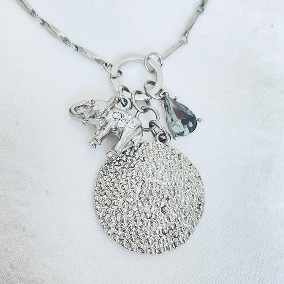 Skinny Charm Necklace Silver Tone Matinee Chain Rolo Long & Short Links - Picture 3 of 7